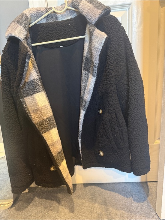 Jackets & Blazers - Black Sherpa Double-Breasted Jacket with Plaid Trim